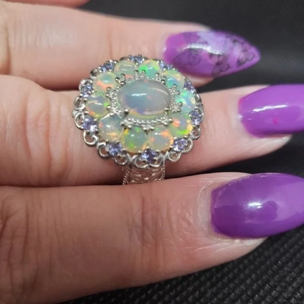 Snow-in-summer Floral Cluster Opal & Tanzanite Sterling Silver Ring